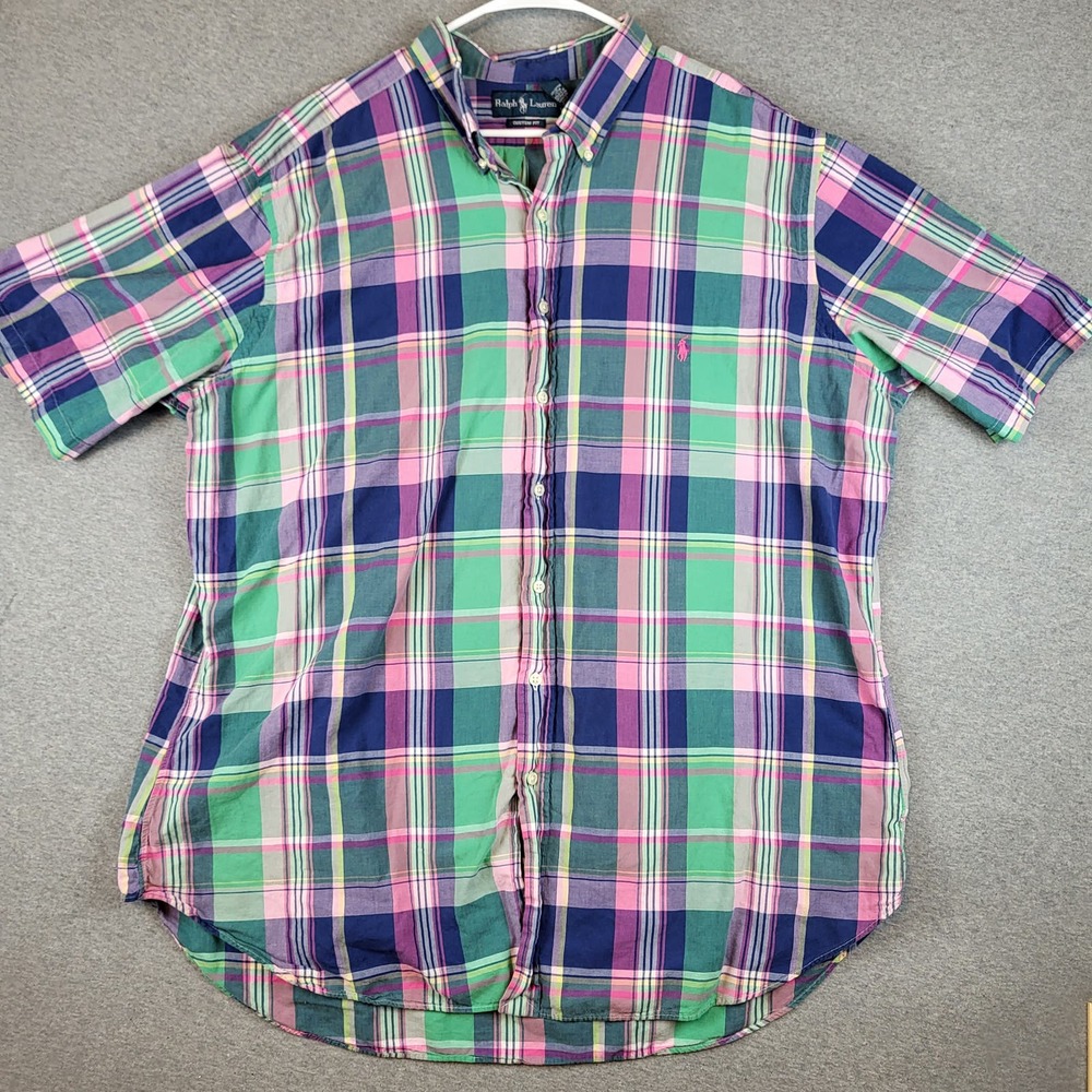 Ralph Lauren Shirt Mens 3XLT Plaid Collared Short Sleeve Custom Fit Button Up